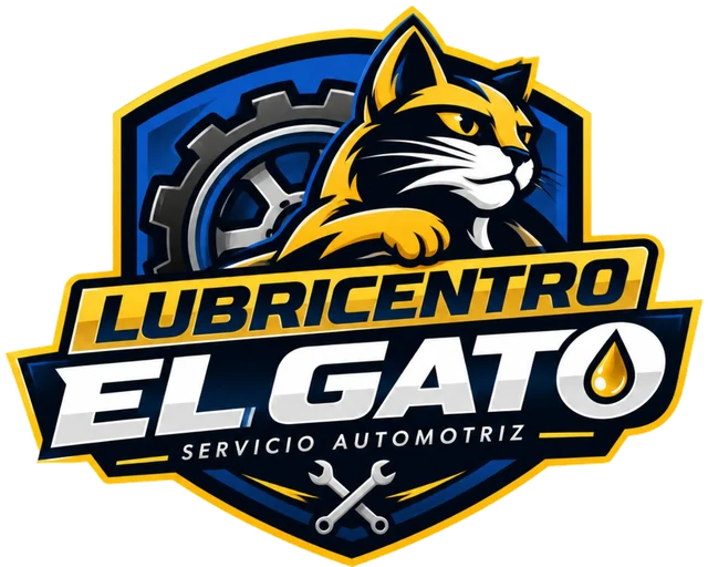 Logo de Lubricentro El Gato, gato amarillo y negro con engranaje en escudo azul